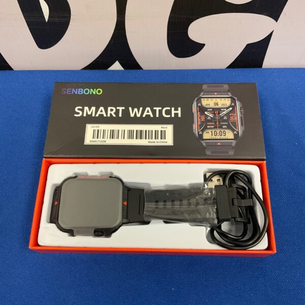 Front view of a black Senbono smart watch with a digital display.