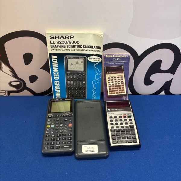 Vintage Sharp EL-9200 and Texas Instruments TI-33 calculators on display.