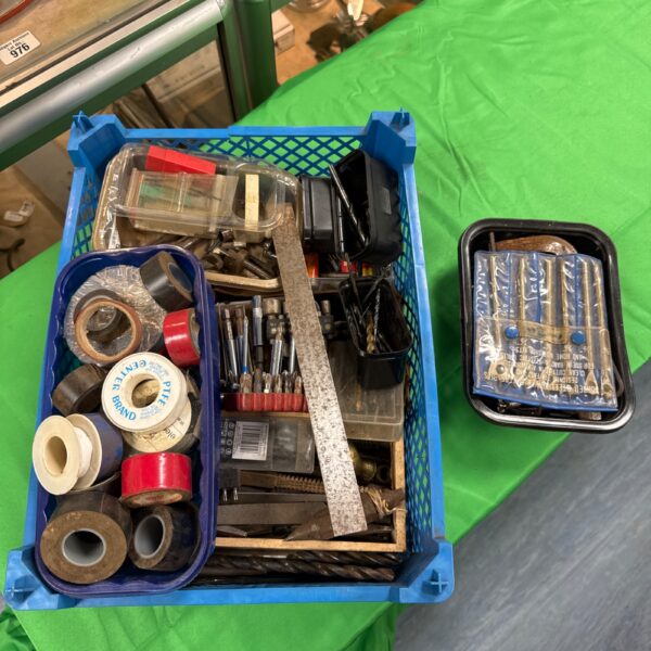 Mixed lot of shed clearance items including drill bits and tools.