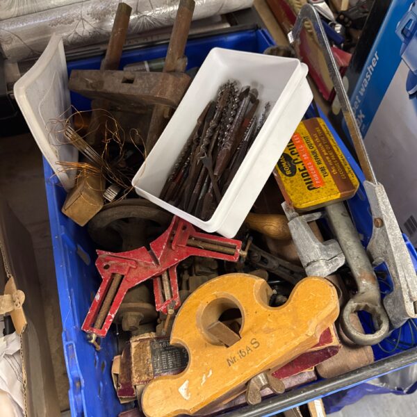 Assorted shed clearance tools in a tray, vintage hand tools.