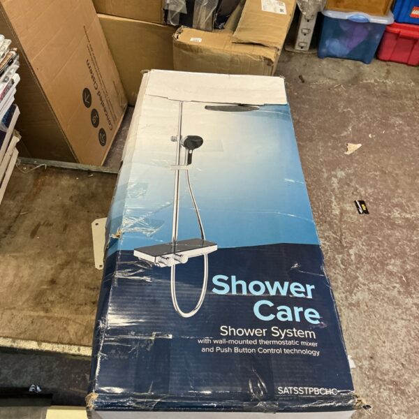 Shower Care shower unit in original packaging, bathroom fixture.