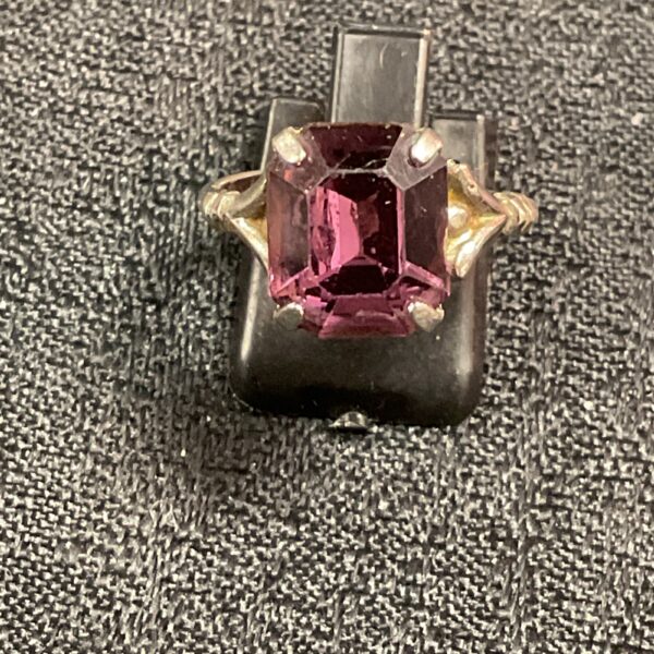 Close-up of a vintage silver amethyst ring, size P.