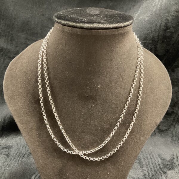 Pair of delicate silver curb chain necklaces on display.