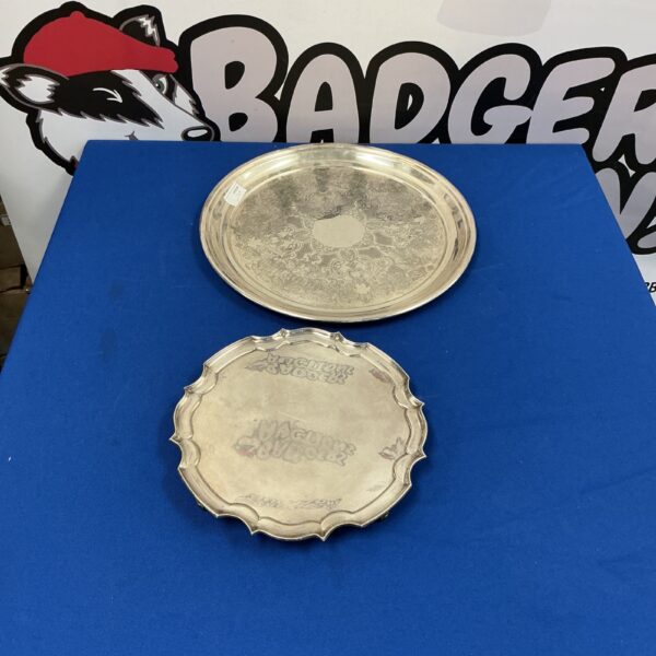 Vintage silverplate tray and cake stand for serving desserts.