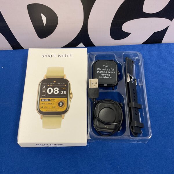 Apple style smart watch with a rectangular touchscreen display.