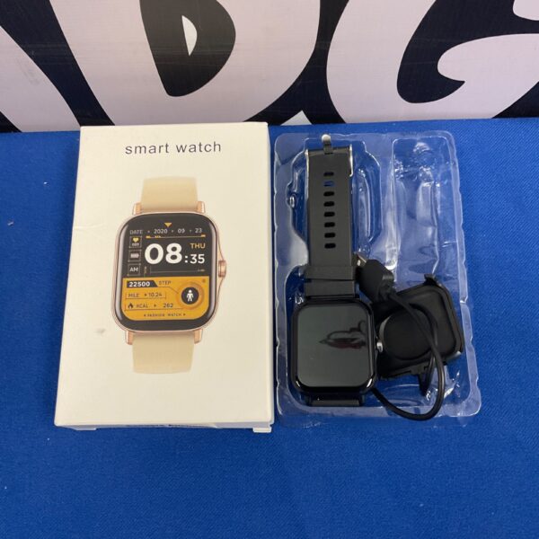Apple style smart watch with a rectangular touchscreen display.