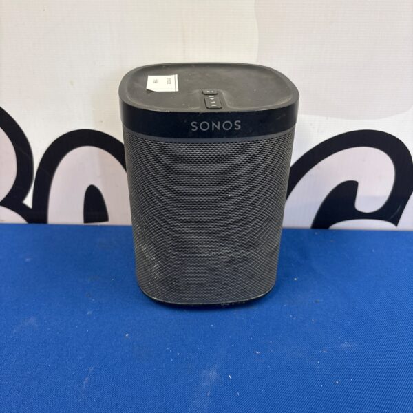 Black Sonos Play 1 wireless speaker for home audio.