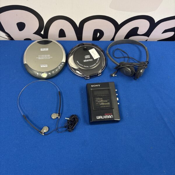 Vintage Sony Walkman and Bush CD player with headphones and cleaner.