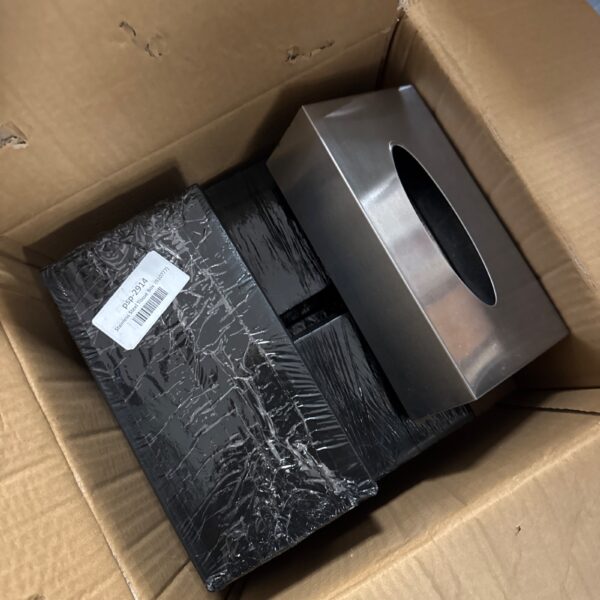 Lot of new stainless steel tissue boxes for home organization.