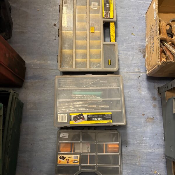 Lot of three Stanley organiser boxes for tool storage.