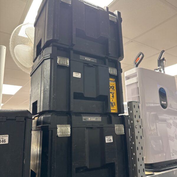 Lot of three Stanley T Stak toolboxes for tool storage.