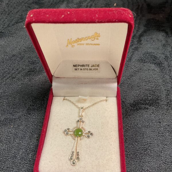 Vintage sterling silver Celtic cross necklace with nephrite jade.