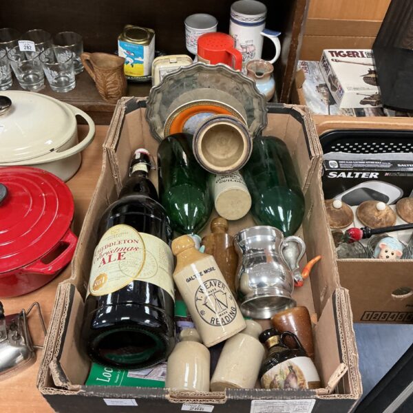 Vintage stone bottles and metal tankard in a mixed lot.