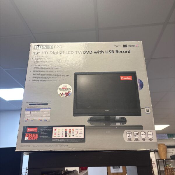 Technika Pro 19” LCD TV boxed, with DVD player and USB recording features.