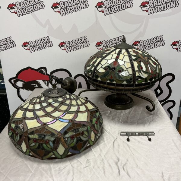 Pair of large Tiffany style ceiling lights with stained glass.