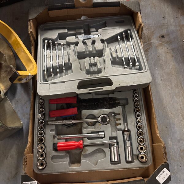 Tool set with spanners and sockets in a carrying case.