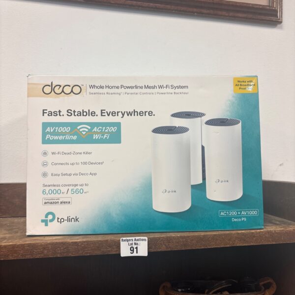 TP-Link Deco P9 AC1200 Mesh Wi-Fi system in a box.