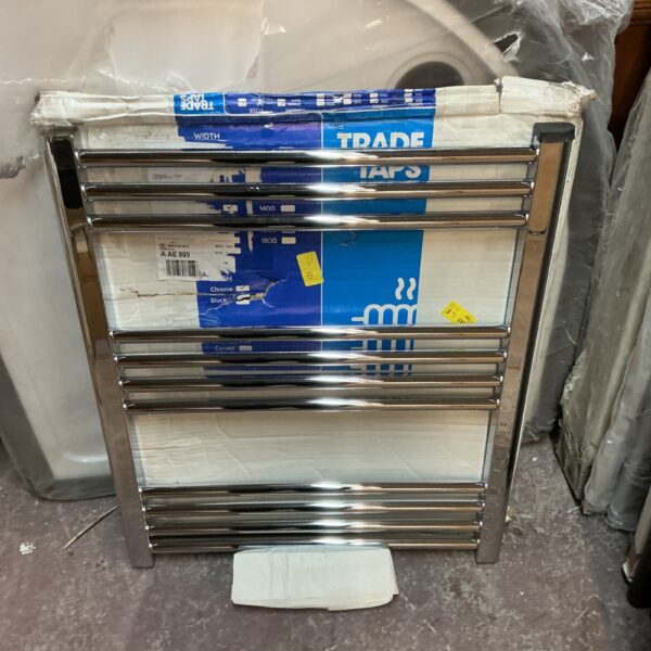 Chrome ladder radiator by Trade taps, 600x800mm, for central heating.