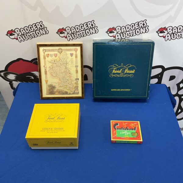 Vintage Trivial Pursuit games and card game lot with map.