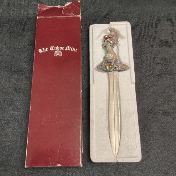 Tudor Mint pewter unicorn paper knife in original box.