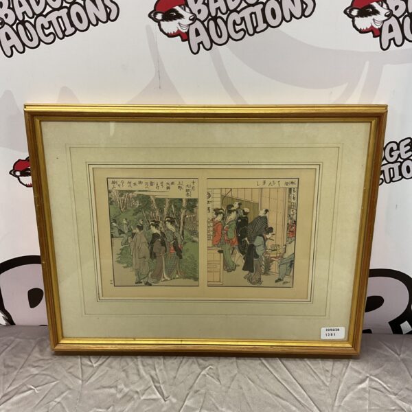 Antique Japanese woodblock print pair by Utagawa Toyokuni depicting teahouse scene.