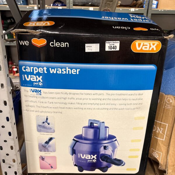 Front view of boxed Vax carpet washer for pet owners.