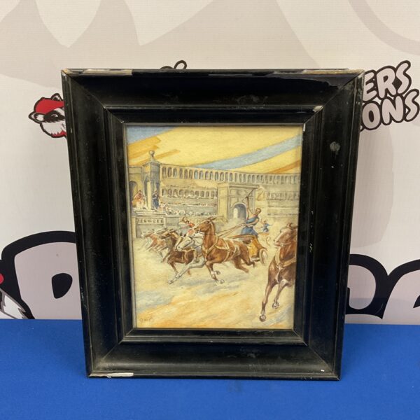 Signed Victorian watercolour painting of a Roman chariot race.