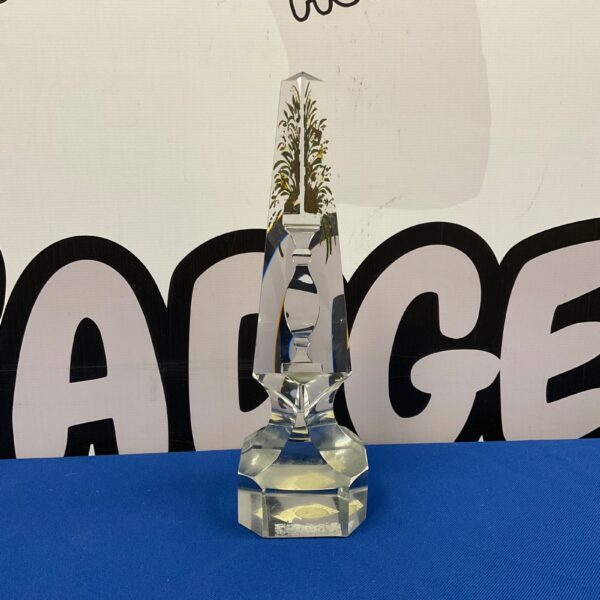 Intricate Victorian cut glass obelisk, a beautiful antique collectible.