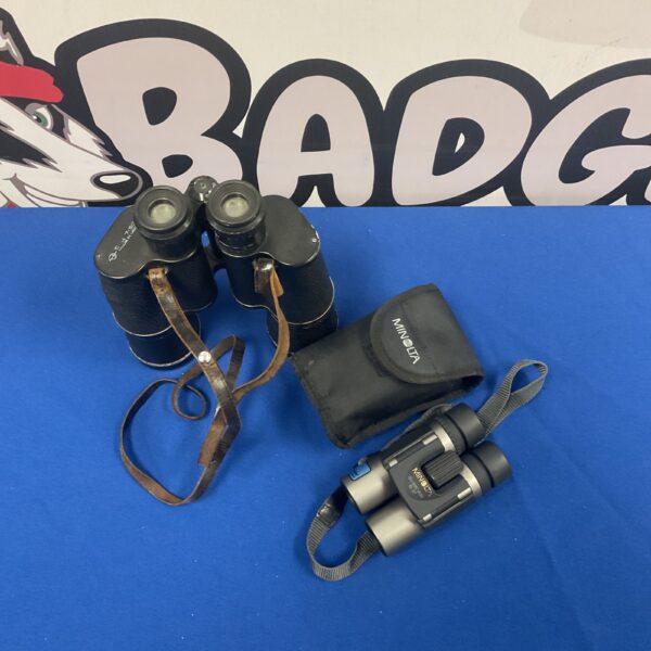 Vintage binoculars pair including Soviet and Minolta models.