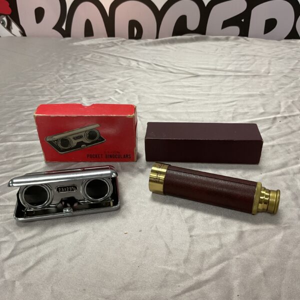 Vintage Japanese binoculars and Lord Nelson telescope, antique optics.