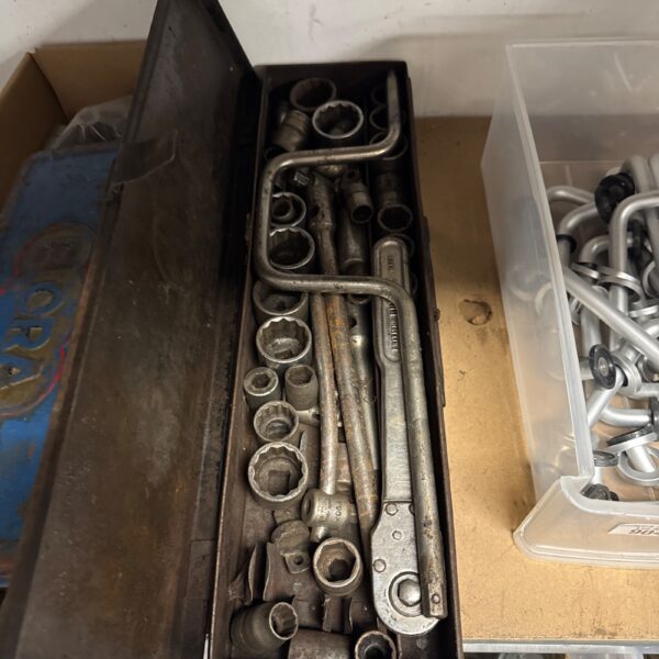 Vintage Britool socket set with various socket sizes and ratchet handle.