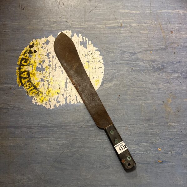 Vintage bush knife with wooden handle, showing signs of age.