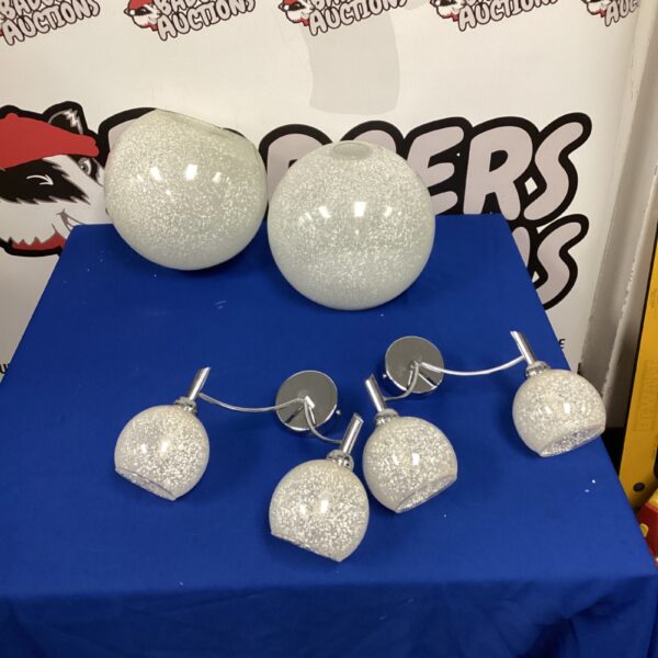 Vintage ceiling and wall light set with frosted glass shades.