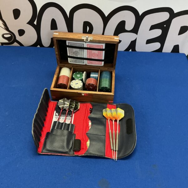 Vintage dart and poker set with Unicorn darts and chips.