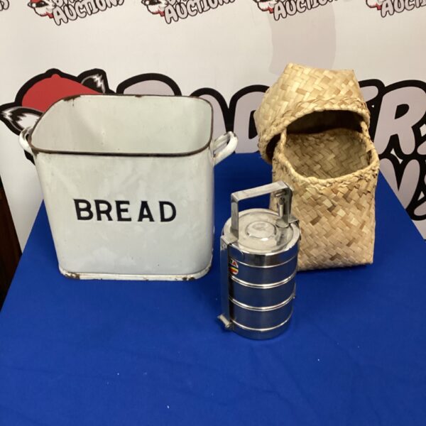 White enamel bread bin with metal container, vintage kitchen storage.