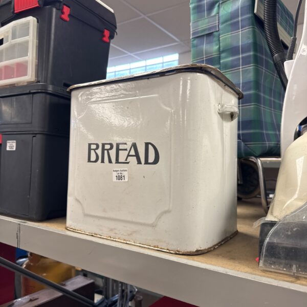 White vintage enamel bread bin with hinged lid.