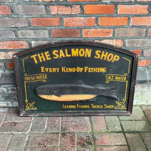 Vintage hand painted fishing shop sign advertising The Salmon Shop.