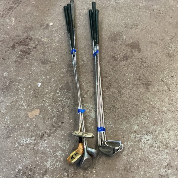 Vintage golf club selection with putter and iron clubs.