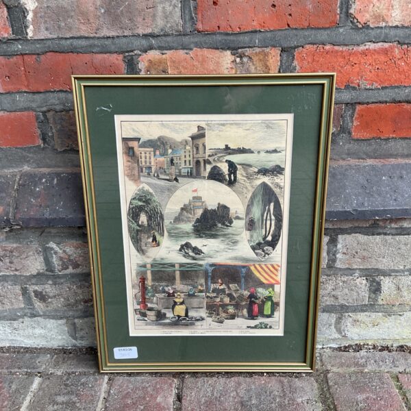 Vintage H Buckman coloured engraving of a coastal scene with boats.