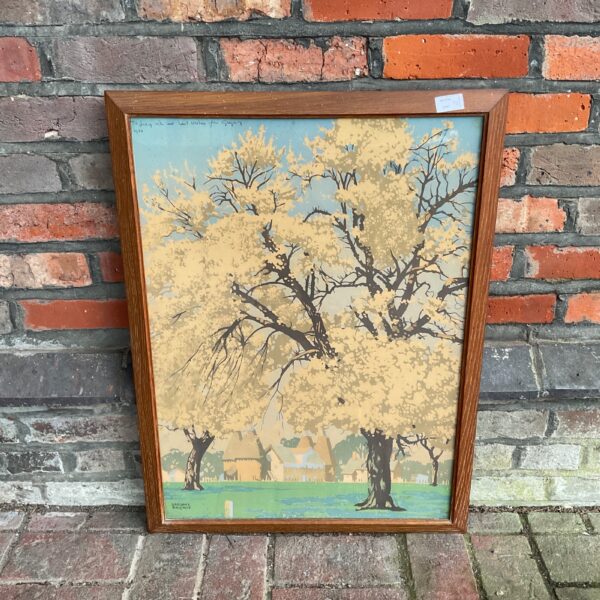 Vintage 1940s hop farm print by F Gregory with blossom trees.