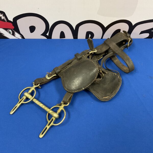 Vintage horse bridle with blinker panels, antique leather tack.