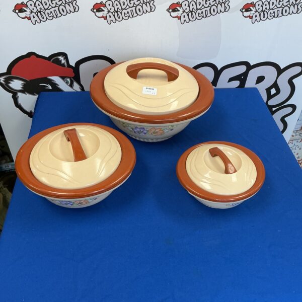 Three vintage insulated bowls for food storage.