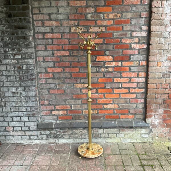 Vintage Italian hall tree coat rack with marble base and brass hooks.