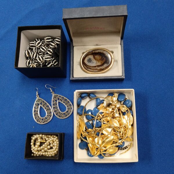 Vintage marcasite earrings and faux pearl necklace jewellery lot.