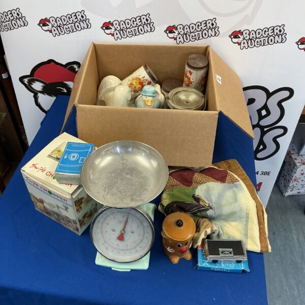 Vintage kitchen scales and mixed lot of items.