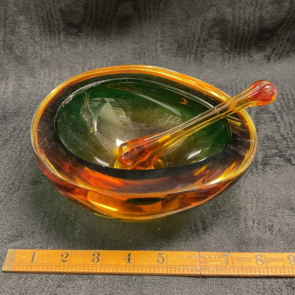 Vintage avocado green Marano glass mortar and pestle set.