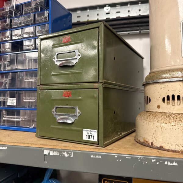 Green vintage metal filing drawers, Veteran series office storage.
