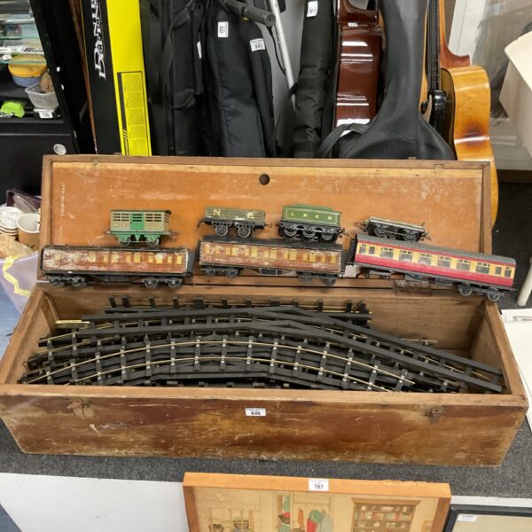 Vintage O gauge train set in wooden chest with track.