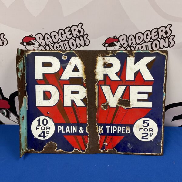 Vintage double sided enamel Park Drive sign for collectors.