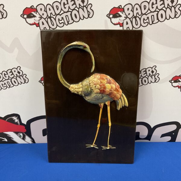 Vintage shell flamingo panel, mid-century wall art.
